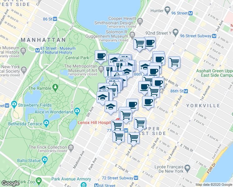 map of restaurants, bars, coffee shops, grocery stores, and more near in New York