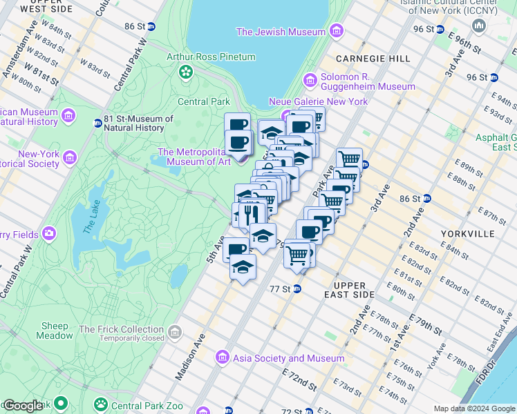 map of restaurants, bars, coffee shops, grocery stores, and more near 17 East 80th Street in New York