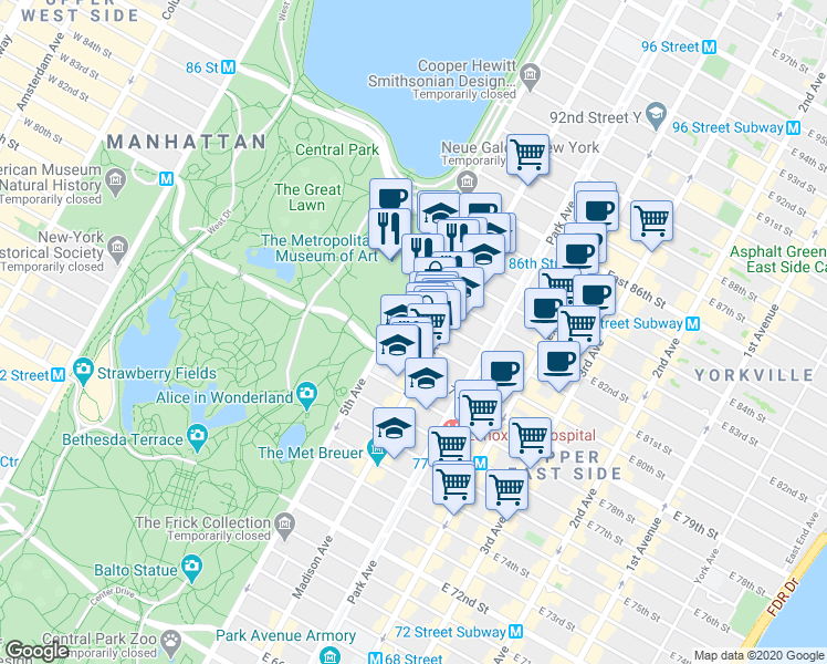 map of restaurants, bars, coffee shops, grocery stores, and more near in New York