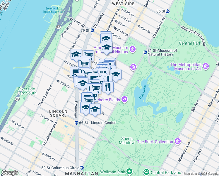 map of restaurants, bars, coffee shops, grocery stores, and more near 24 West 73rd Street in New York