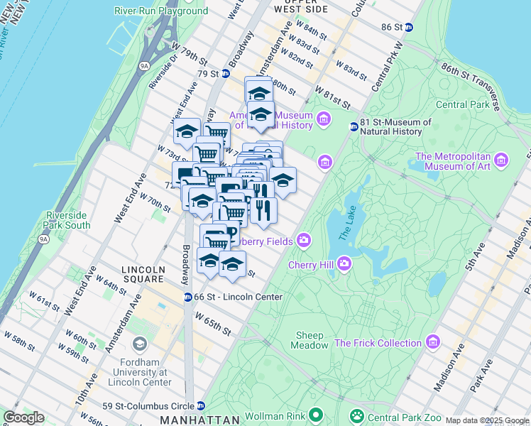 map of restaurants, bars, coffee shops, grocery stores, and more near 24 West 73rd Street in New York