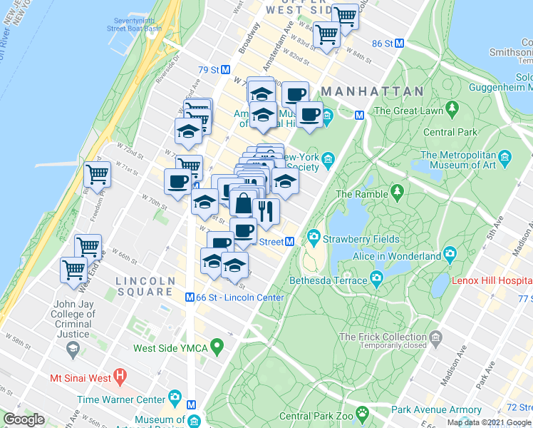 map of restaurants, bars, coffee shops, grocery stores, and more near 24 West 73rd Street in New York