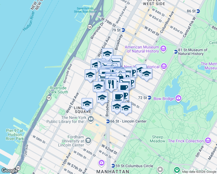 map of restaurants, bars, coffee shops, grocery stores, and more near in New York