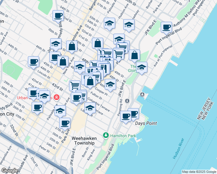 map of restaurants, bars, coffee shops, grocery stores, and more near 56 46th Street in Weehawken