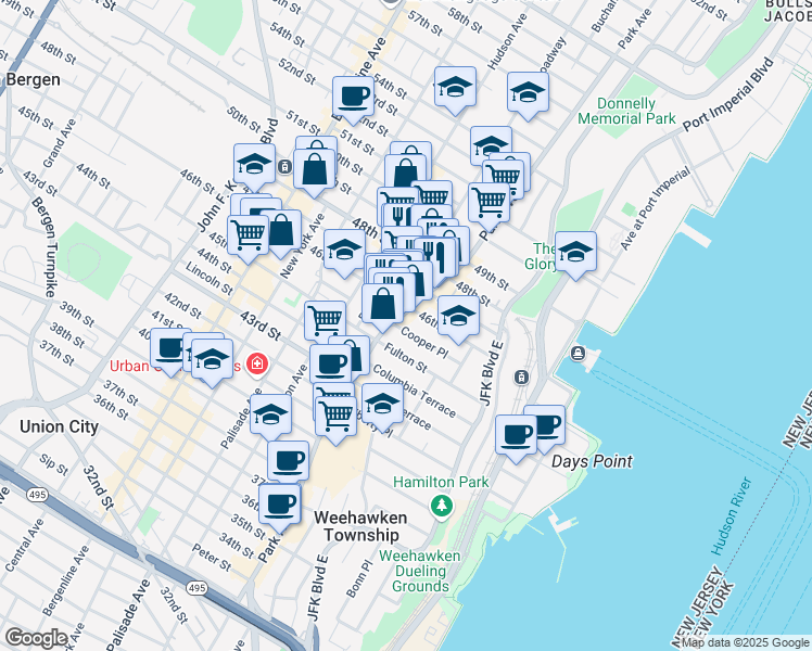 map of restaurants, bars, coffee shops, grocery stores, and more near 51 Cooper Place in Weehawken