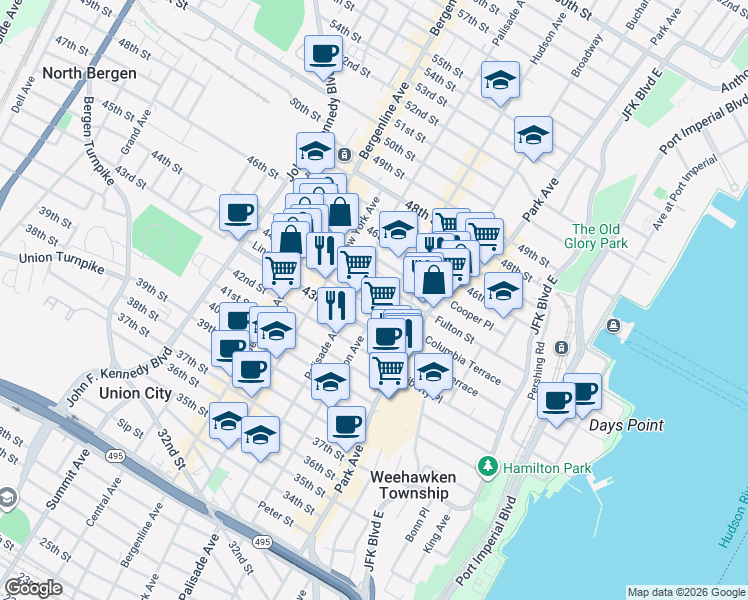map of restaurants, bars, coffee shops, grocery stores, and more near 4408 Hudson Avenue in Union City
