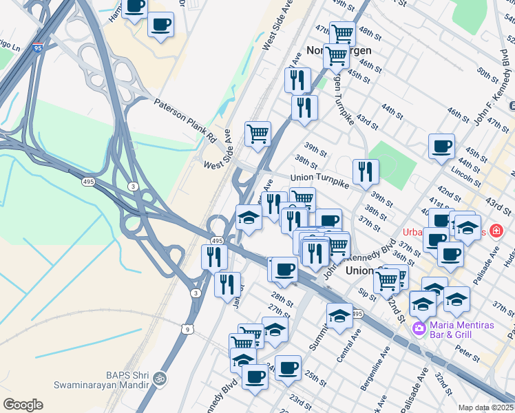 map of restaurants, bars, coffee shops, grocery stores, and more near 3303 Liberty Avenue in North Bergen