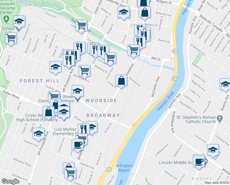 map of restaurants, bars, coffee shops, grocery stores, and more near 817 Broadway in Newark