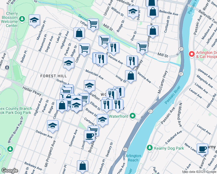 map of restaurants, bars, coffee shops, grocery stores, and more near 108-110 Montclair Avenue in Newark