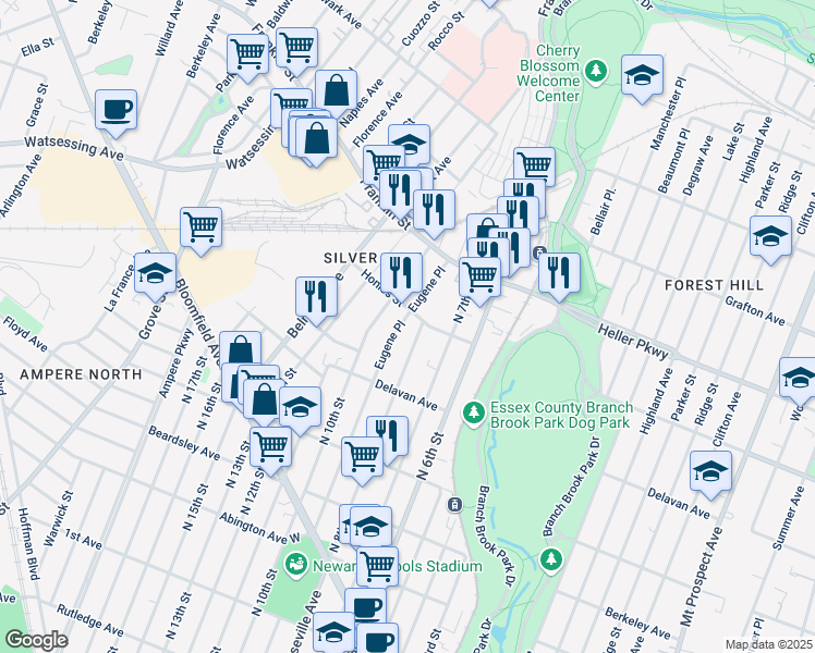 map of restaurants, bars, coffee shops, grocery stores, and more near 13 Honiss Street in Belleville
