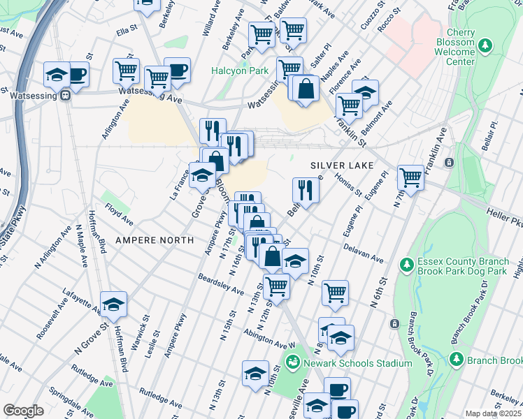 map of restaurants, bars, coffee shops, grocery stores, and more near 25 Columbus Street in Bloomfield