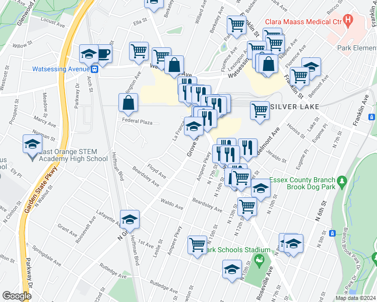map of restaurants, bars, coffee shops, grocery stores, and more near 141 Grove Street in Bloomfield