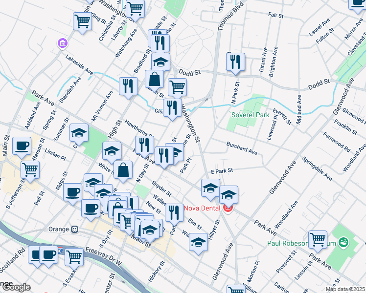 map of restaurants, bars, coffee shops, grocery stores, and more near 237 Park Place in City of Orange