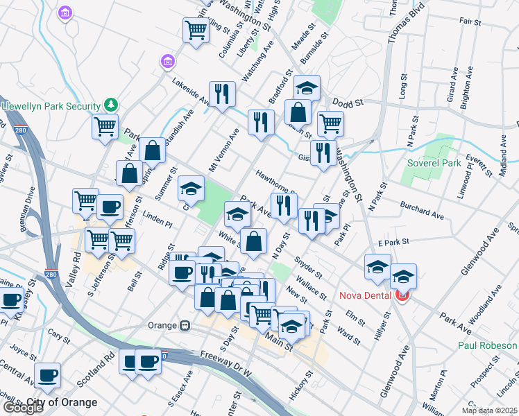 map of restaurants, bars, coffee shops, grocery stores, and more near 213 Snyder Street in City of Orange