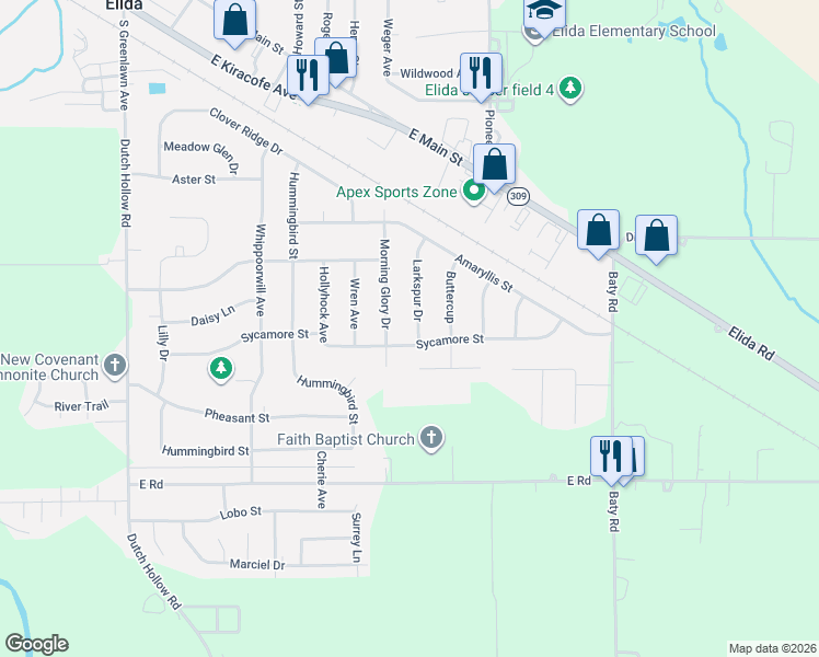map of restaurants, bars, coffee shops, grocery stores, and more near 2114 Larkspur Drive in Elida