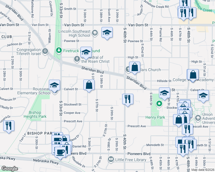 map of restaurants, bars, coffee shops, grocery stores, and more near 3519 Woodbine Avenue in Lincoln