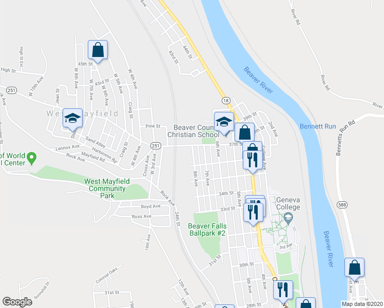 map of restaurants, bars, coffee shops, grocery stores, and more near 3607 8th Avenue in Beaver Falls