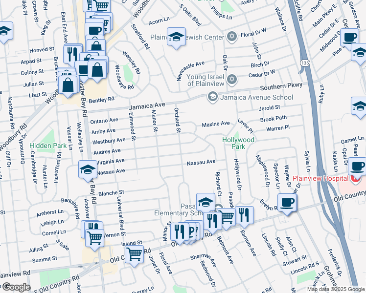 map of restaurants, bars, coffee shops, grocery stores, and more near 79 Audrey Avenue in Plainview