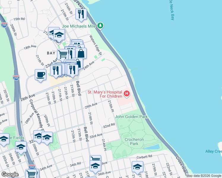 map of restaurants, bars, coffee shops, grocery stores, and more near 28-28 216th Street in Queens