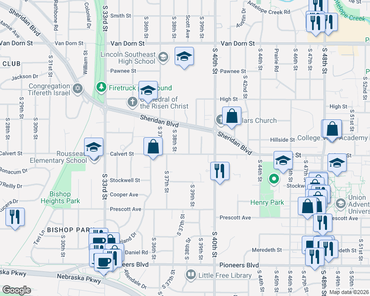 map of restaurants, bars, coffee shops, grocery stores, and more near 3519 Woodbine Avenue in Lincoln