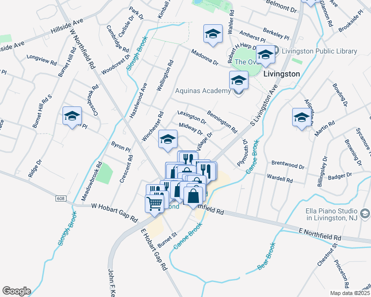 map of restaurants, bars, coffee shops, grocery stores, and more near 26 Concord Drive in Livingston