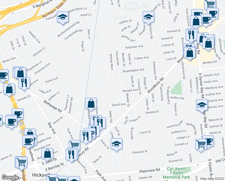 map of restaurants, bars, coffee shops, grocery stores, and more near 61 Ronald Avenue in Hicksville
