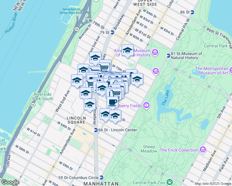 map of restaurants, bars, coffee shops, grocery stores, and more near 72 West 72nd Street in New York