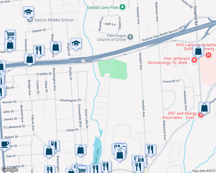 map of restaurants, bars, coffee shops, grocery stores, and more near 272 Lake Drive in East Patchogue