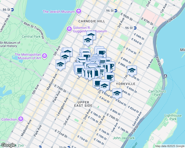 map of restaurants, bars, coffee shops, grocery stores, and more near 1517 3rd Avenue in New York