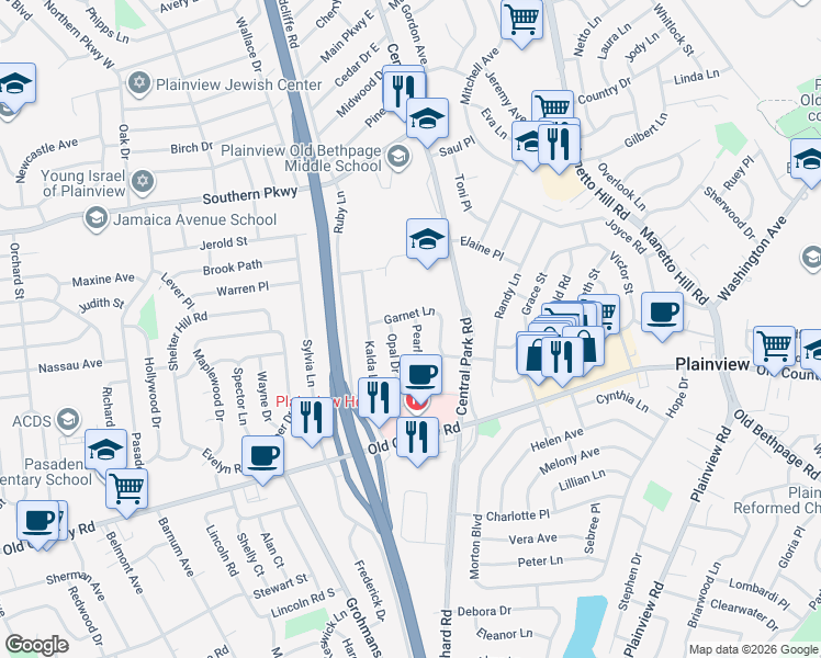 map of restaurants, bars, coffee shops, grocery stores, and more near 17 Pearl Drive in Plainview