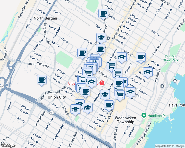 map of restaurants, bars, coffee shops, grocery stores, and more near Bergenline Avenue & 42nd Street in Union City