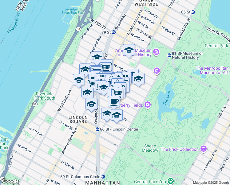map of restaurants, bars, coffee shops, grocery stores, and more near 120 West 72nd Street in New York