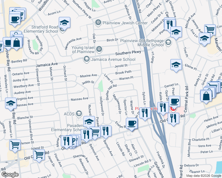 map of restaurants, bars, coffee shops, grocery stores, and more near 46 Shelter Hill Road in Plainview