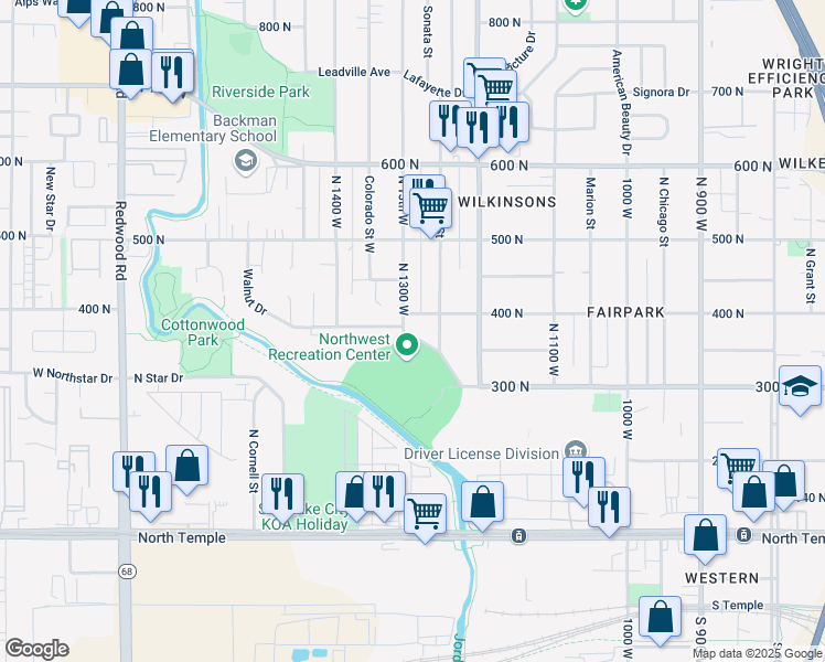 map of restaurants, bars, coffee shops, grocery stores, and more near 300 North 1300 West in Salt Lake City