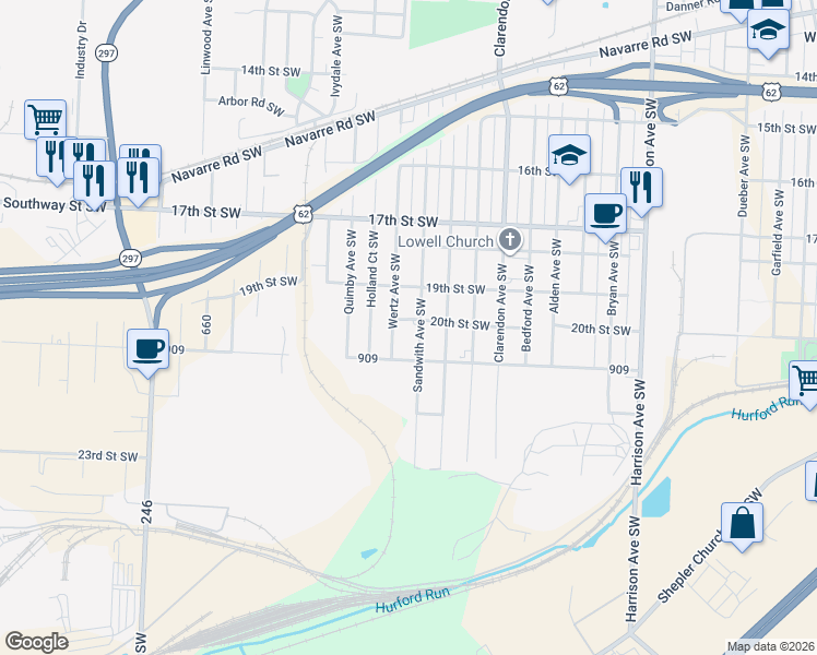 map of restaurants, bars, coffee shops, grocery stores, and more near 2007 Sandwith Avenue Southwest in Canton