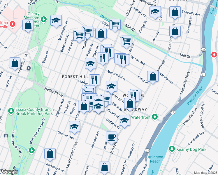 map of restaurants, bars, coffee shops, grocery stores, and more near 327 Woodside Avenue in Newark