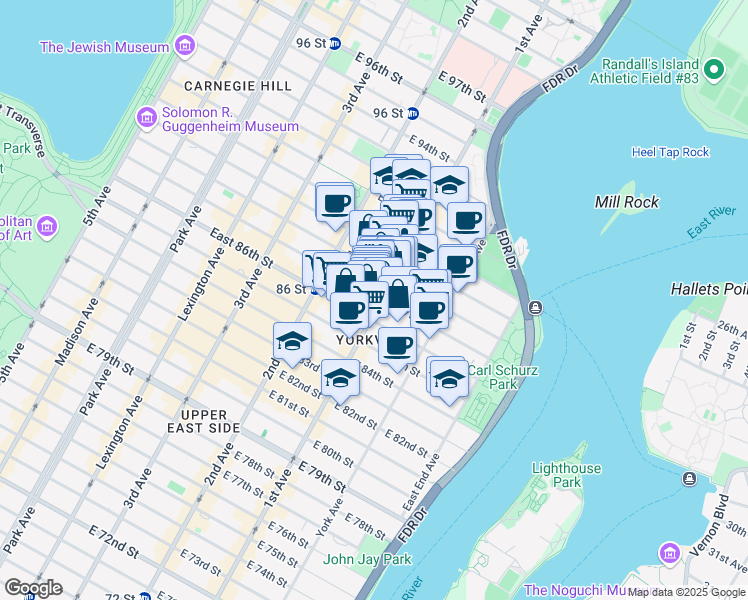 map of restaurants, bars, coffee shops, grocery stores, and more near 1665 1st Avenue in New York