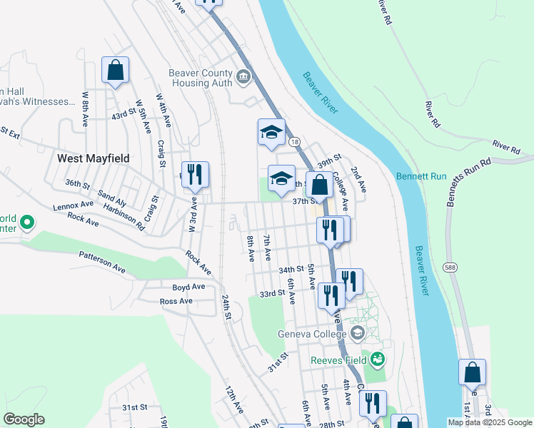 map of restaurants, bars, coffee shops, grocery stores, and more near 3614 7th Avenue in Beaver Falls