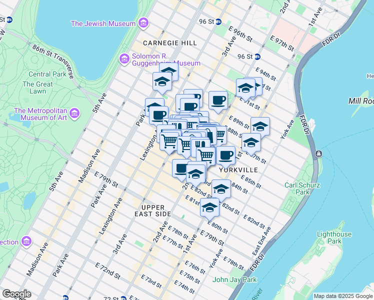 map of restaurants, bars, coffee shops, grocery stores, and more near 220 East 85th Street in New York