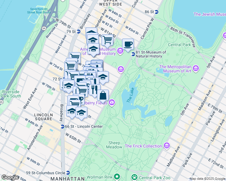 map of restaurants, bars, coffee shops, grocery stores, and more near 143 Central Park West in New York