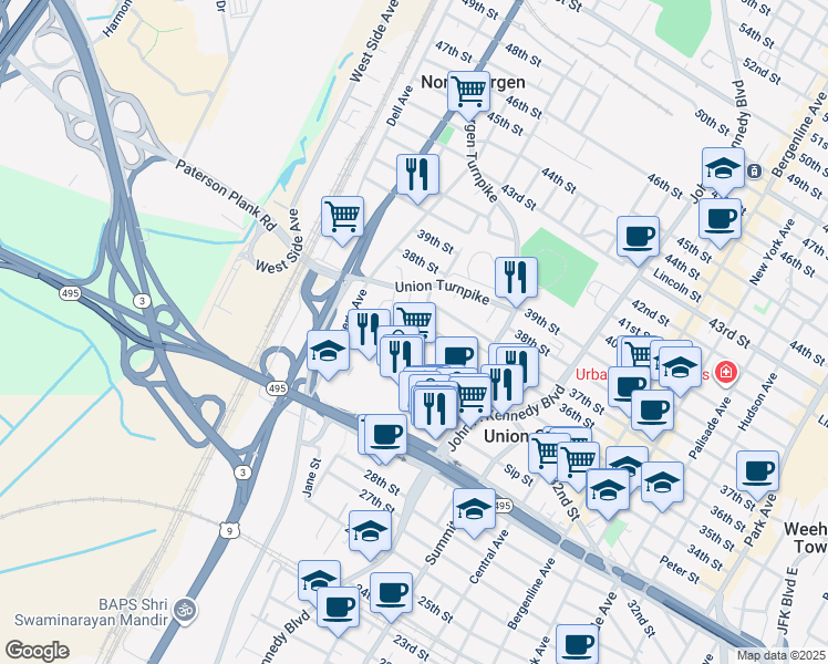 map of restaurants, bars, coffee shops, grocery stores, and more near 3649 Meadow Lane in North Bergen