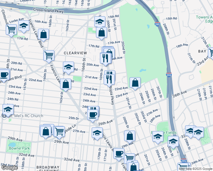 map of restaurants, bars, coffee shops, grocery stores, and more near 169-24 21st Rd in Queens