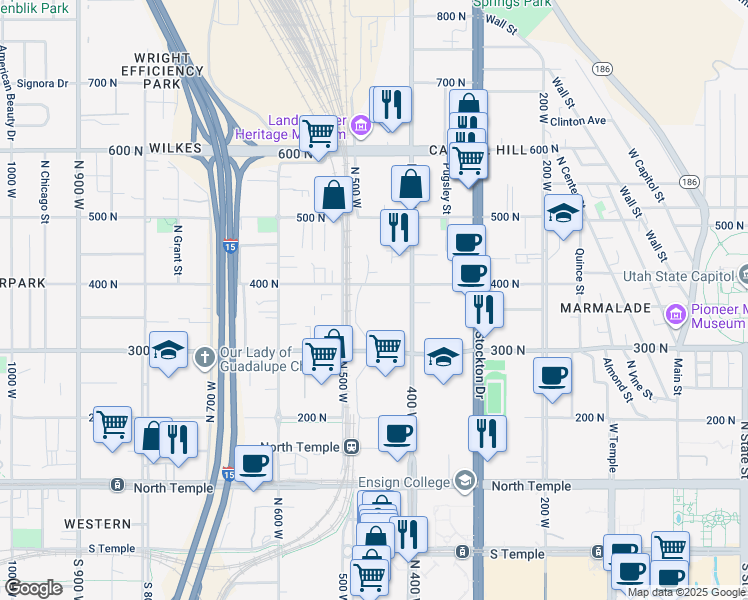 map of restaurants, bars, coffee shops, grocery stores, and more near 443 West 400 North in Salt Lake City