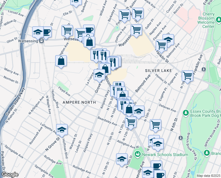 map of restaurants, bars, coffee shops, grocery stores, and more near 100 Bloomfield Avenue in Bloomfield