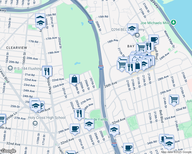 map of restaurants, bars, coffee shops, grocery stores, and more near Clearview Expressway in Queens