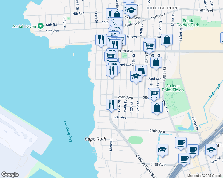 map of restaurants, bars, coffee shops, grocery stores, and more near 23-38 College Point Boulevard in Queens