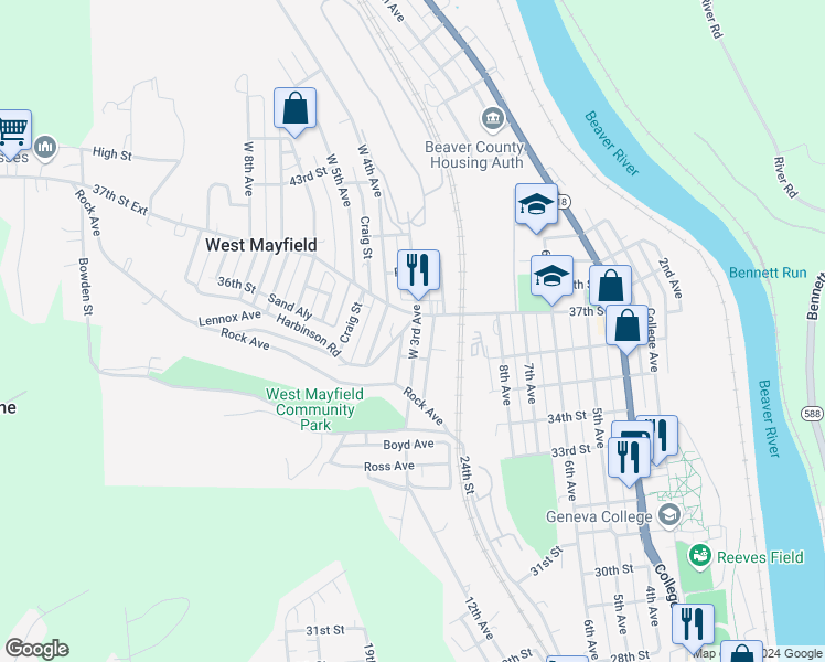 map of restaurants, bars, coffee shops, grocery stores, and more near 211 37th Street Extension in Beaver Falls
