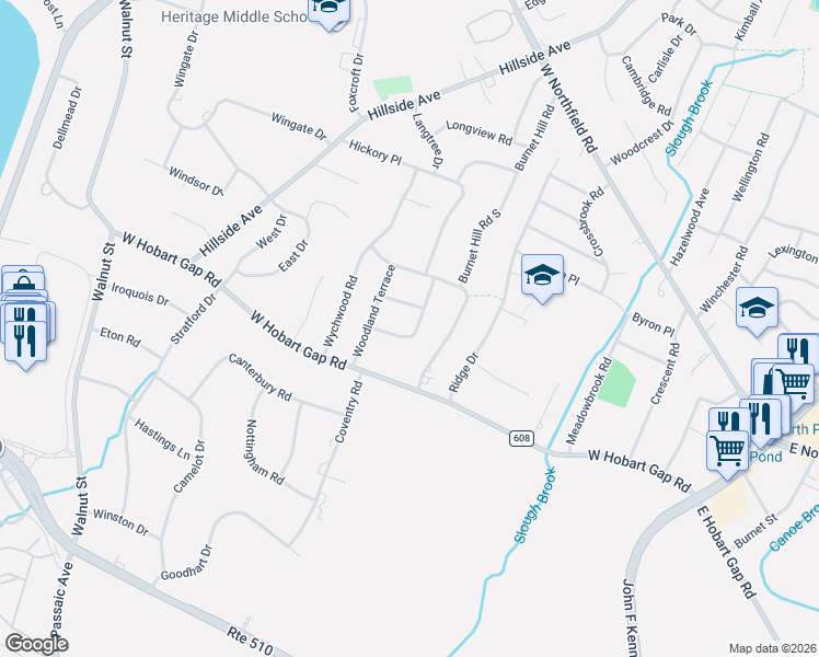 map of restaurants, bars, coffee shops, grocery stores, and more near 7 Downing Place in Livingston