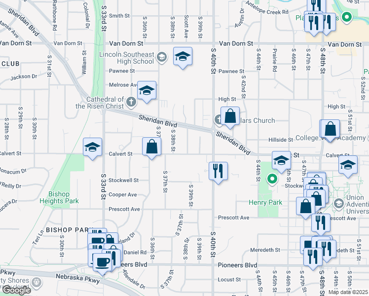 map of restaurants, bars, coffee shops, grocery stores, and more near 3519 Woodbine Avenue in Lincoln