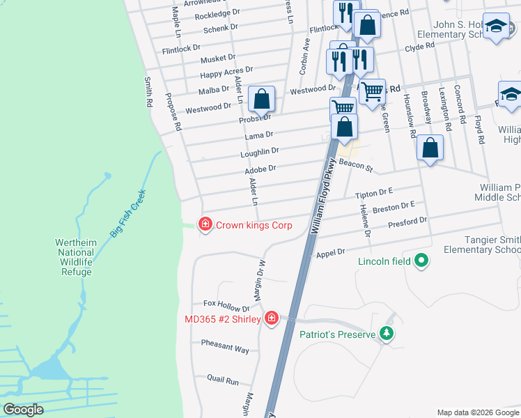 map of restaurants, bars, coffee shops, grocery stores, and more near 63 Alder Lane in Shirley